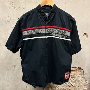 Harley Davidson Black Red Striped Embroidered Button Down Mechanic Shirt XL